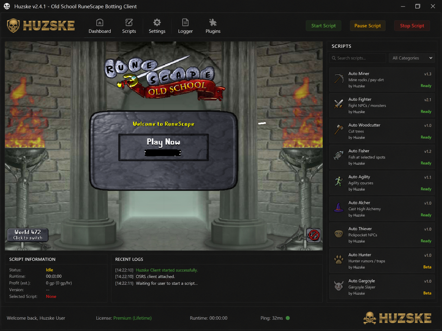 Huzske Client Interface showing Auto Miner script